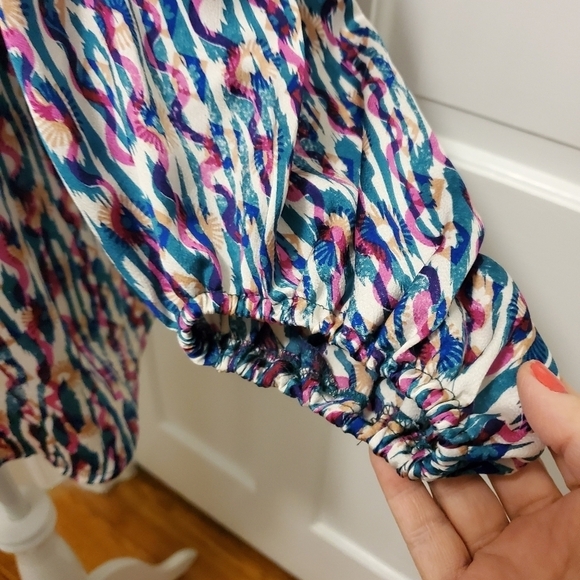 ee:some Retro Print V Neck Bubble Sleeve Colorful Blouse Size Large - Picture 4 of 10